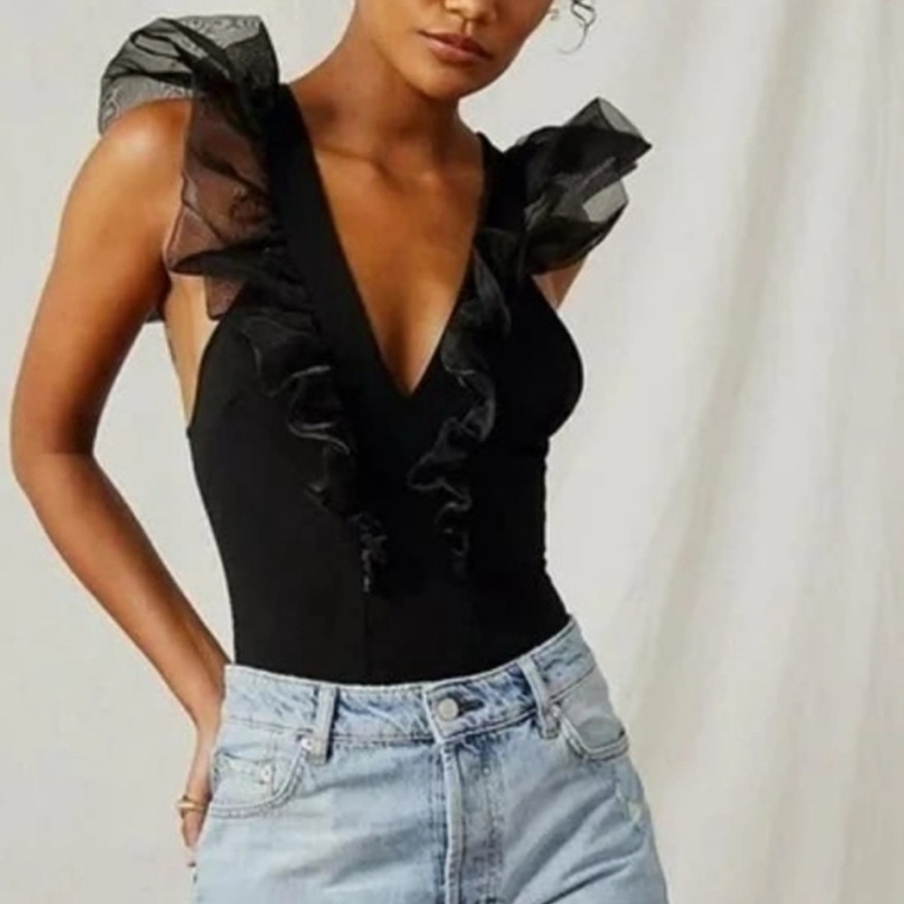 Free People Cream Ruffled Backless Bodysuit